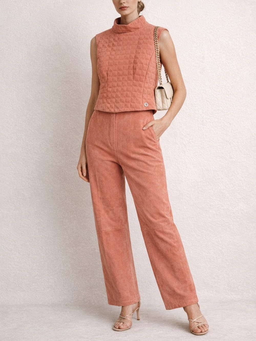 Chanel Vintage 1999 Salmon Pink Quilted Suede Top Vest Pants Set FR 40 Rare